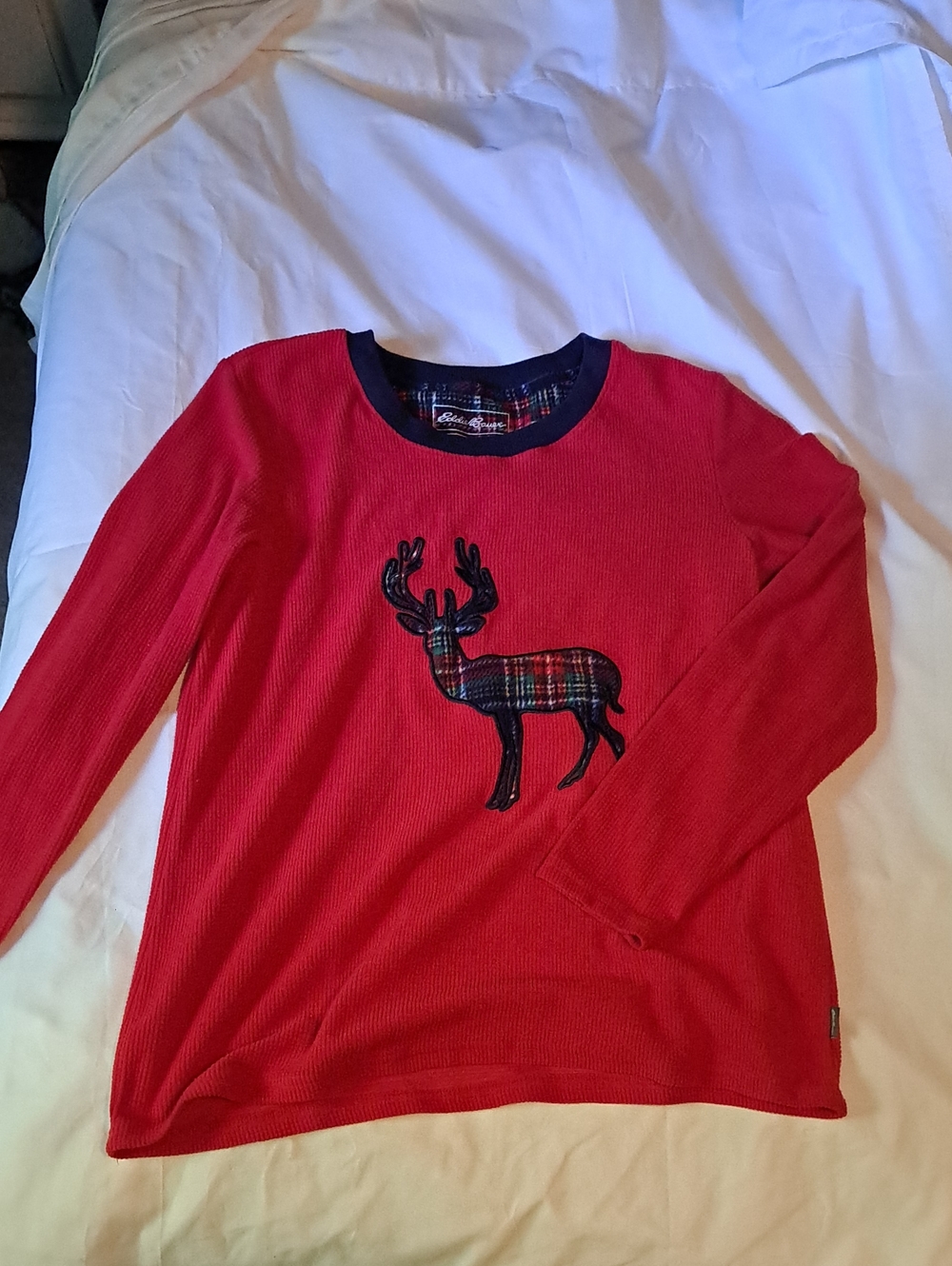 Eddie Bauer Red Long-Sleeve Top with Plaid Reindeer Applique